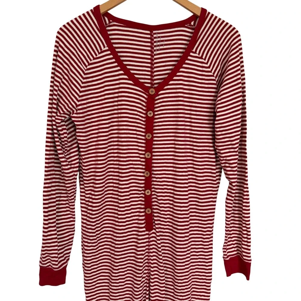Burts Bees Organic Cotton Striped Union Suit Pajamas Womens Size XL Red White